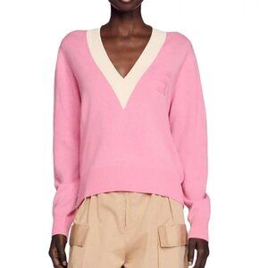 Sandro Wool Cashmere Logo Pink V-Neck Sweater